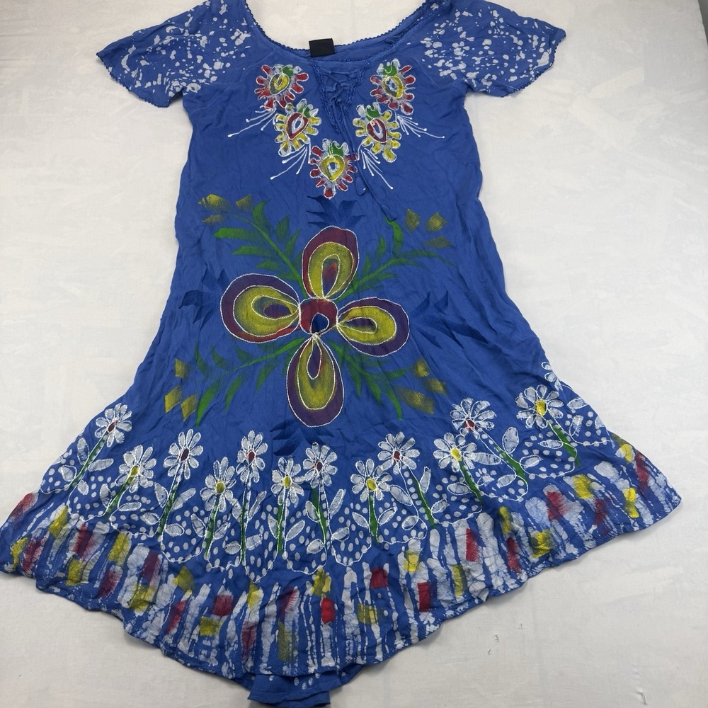 Women's Boho Tie Dye Floral Midi Dress Embroidered Lace-Up Size Small Multicolor